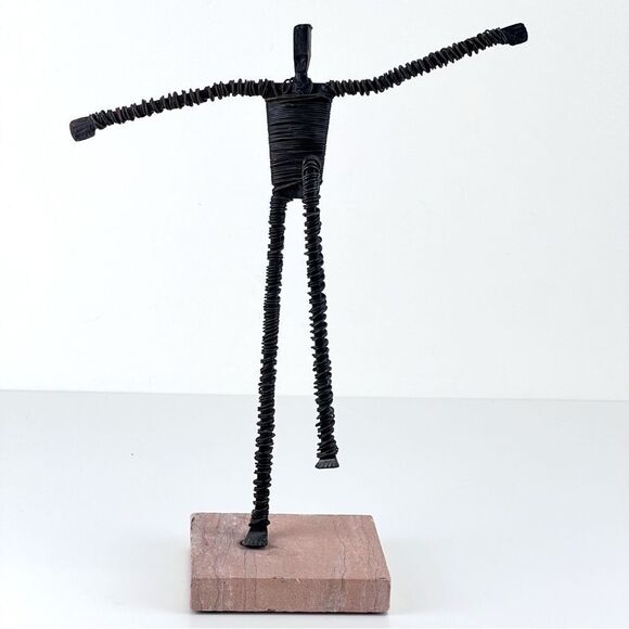 Vintage Brutalist Metal Wire Figure Sculpture On Stone Base MCM Art - Picture 1 of 10